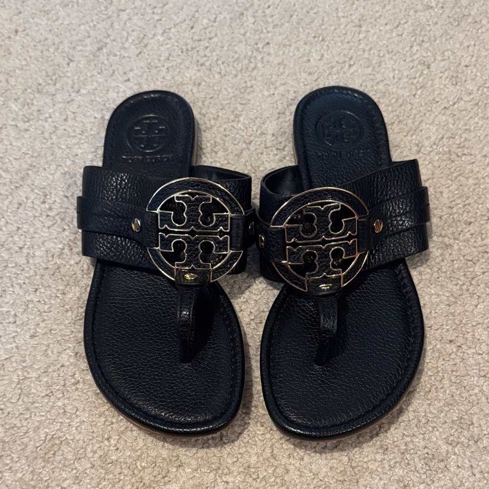 Tory Burch Black Slides with Gold Emblem